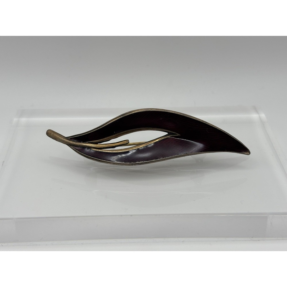 Vintage EDELMETALL Sterling Silver Deep Red Enamel‎ Leaf Brooch Pin Norway